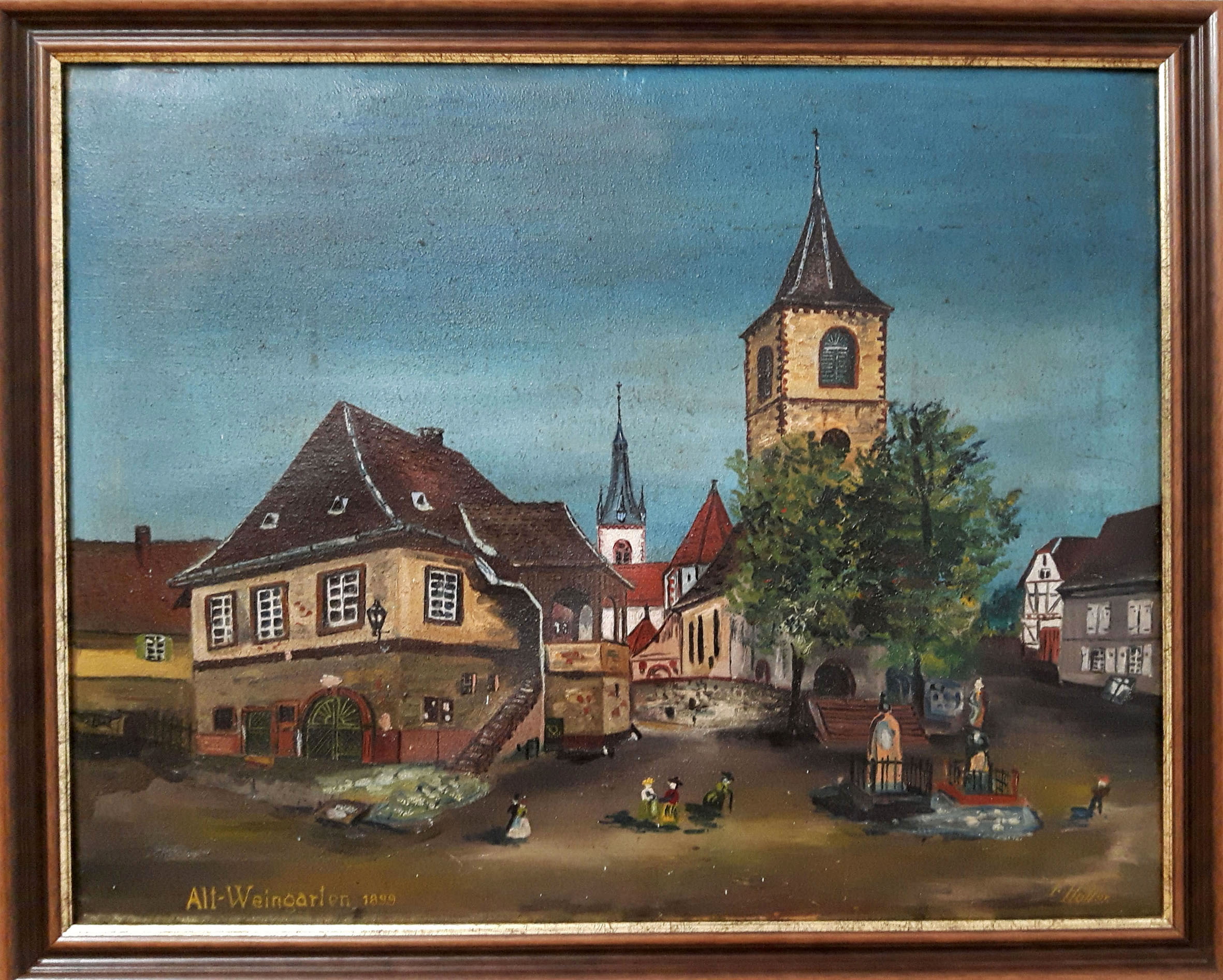  Das Bild von Erwin Holler zeigt das alte Rathaus, das unmittelbar neben dem Walzbach stand. Es ist im Künstlerzimmer des Heimatmuseums ausgestellt. 